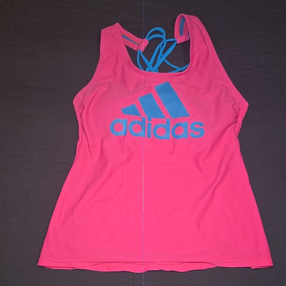 Adidas Women's Bright Pink Tank Top with Blue Logo
